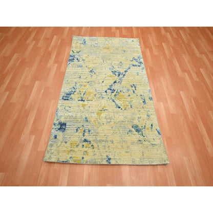 3'10"X6'3" Brown With Navy Silk With Wool Modern Design Hand Knotted Rug
