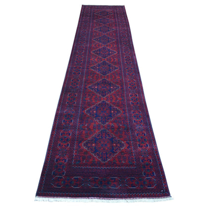 2'8"X13'1" Red Afghan Khamyab Pure Wool Geometric Design Hand Knotted Rug