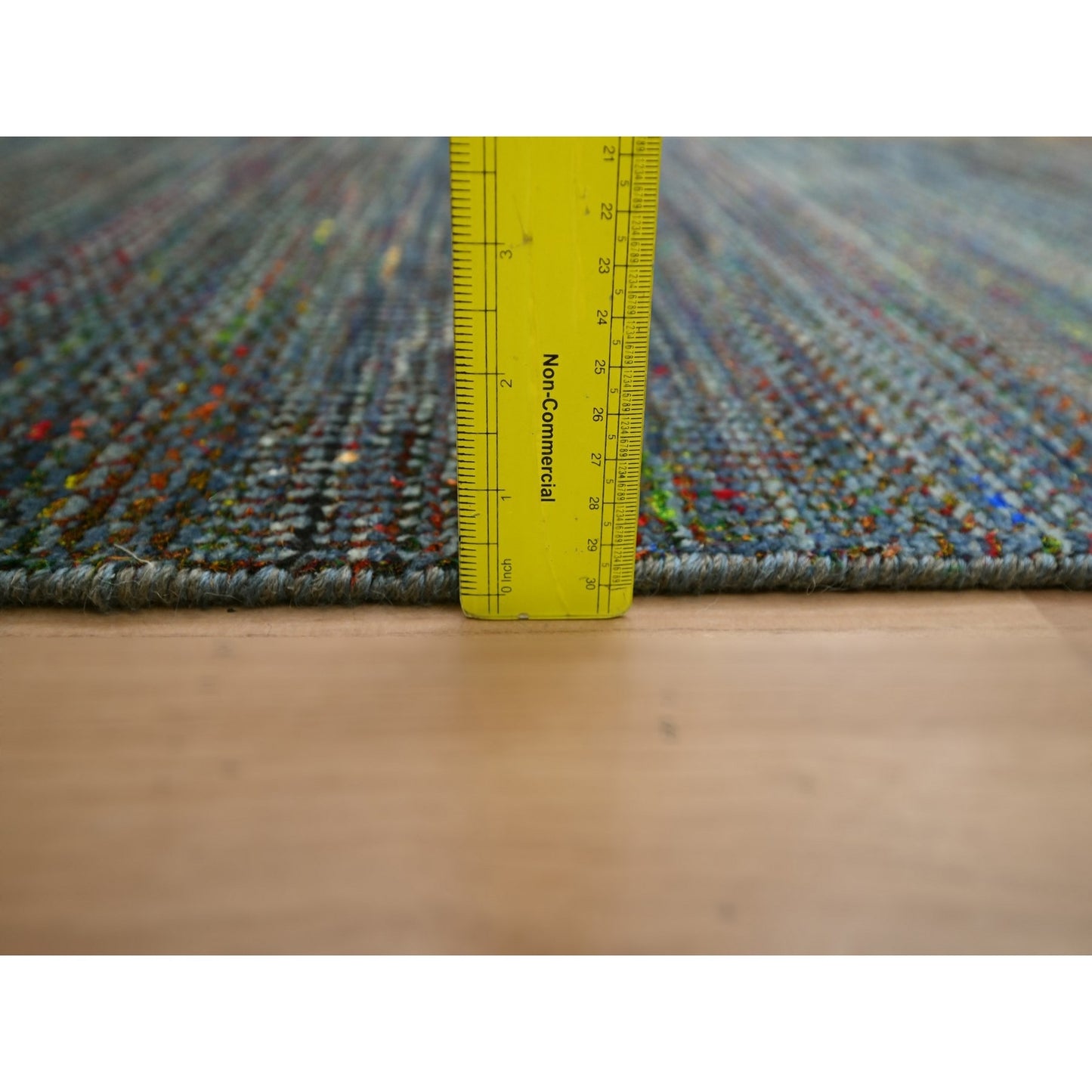 3'X10'1" Blue Wool And Silk Modern Grass Design Hand Knotted Runner Rug