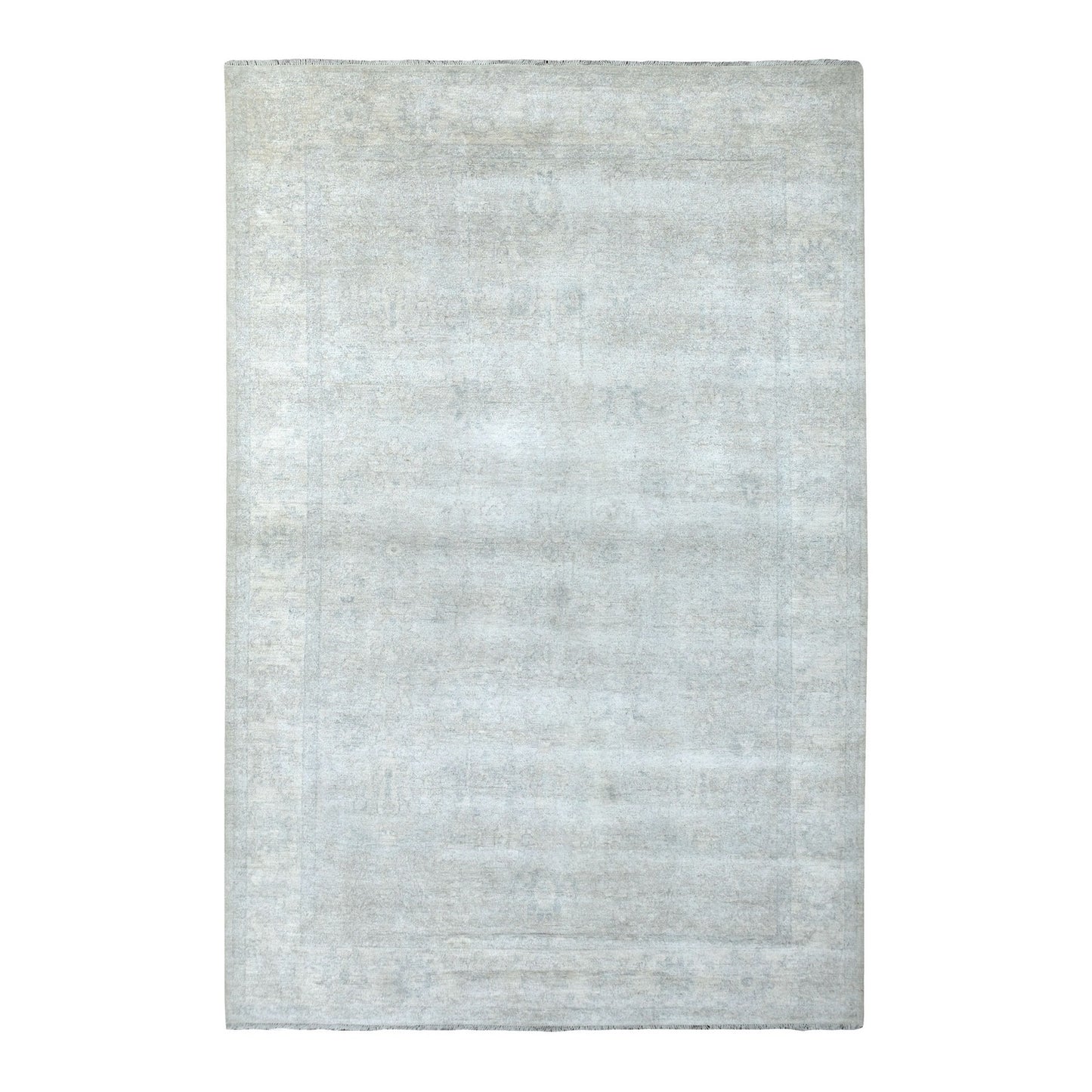 6'1"X9' Hand Knotted With Faded Colors White Wash Peshawar Shiny Wool Rug