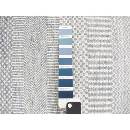 2'6"X12' Blue Grass Design Hand Knotted Wool And Silk Modern Runner Rug