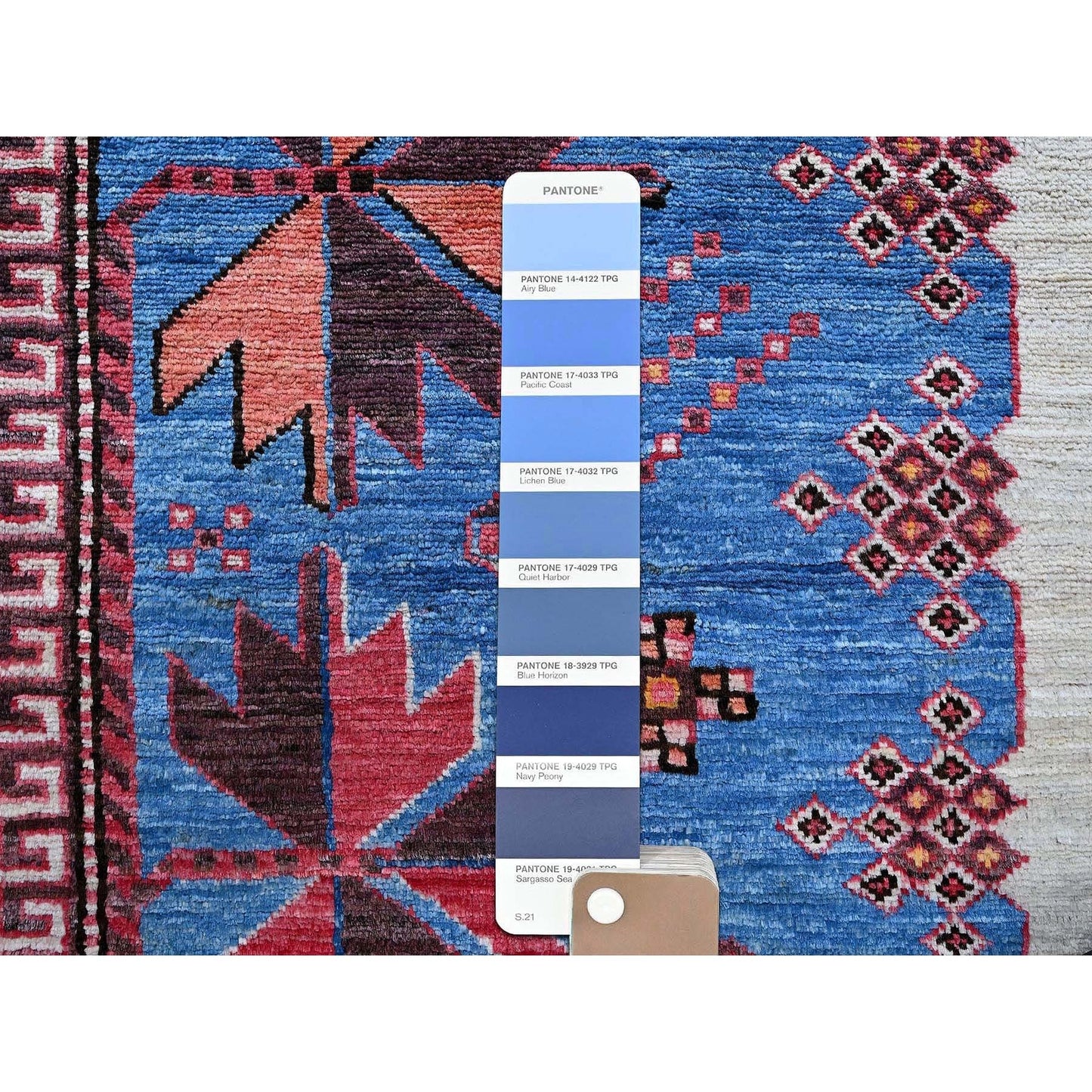 6'X7'8" Blue Afghan Ersari Caucasian Design Revival Hand Knotted Wool Rug