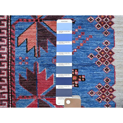 6'X7'8" Blue Afghan Ersari Caucasian Design Revival Hand Knotted Wool Rug