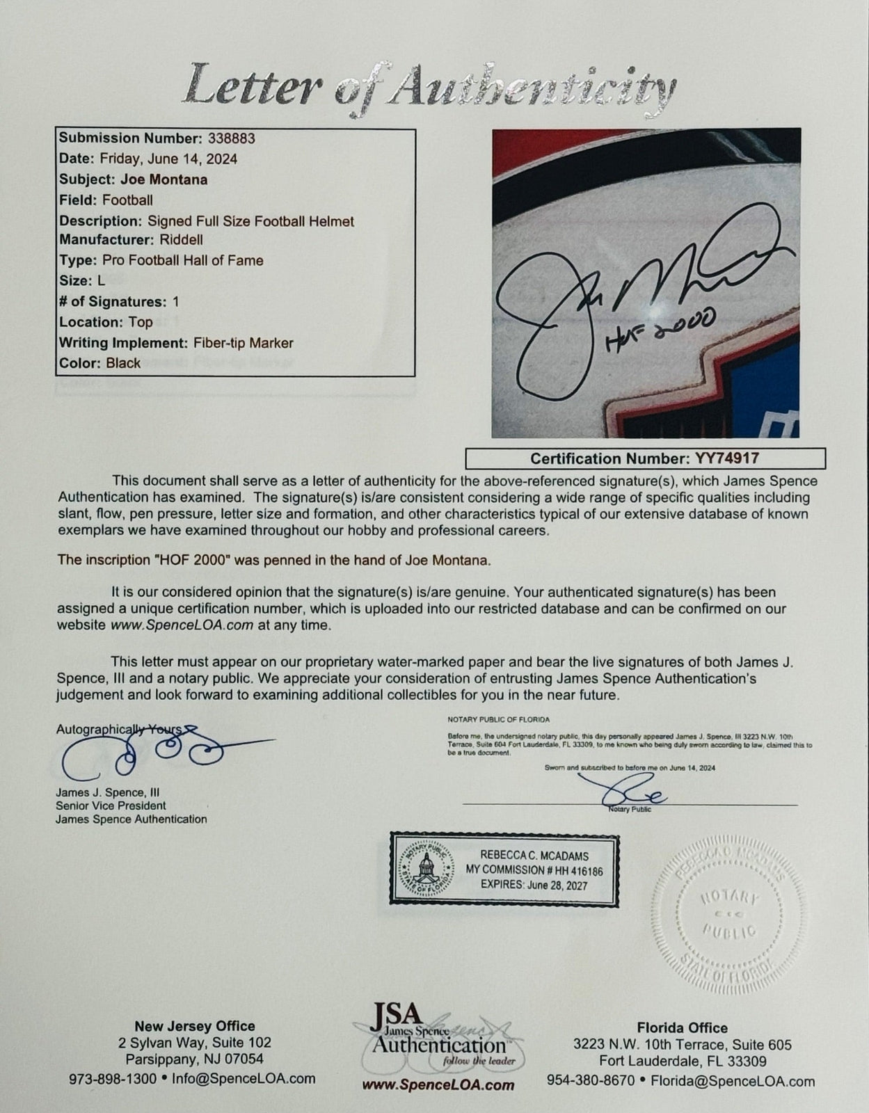 Joe Montana Autographed Hall Of Fame Authentic