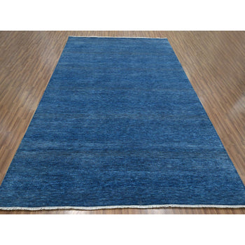 9'X12' Imperial Blue Modern Grass Design Hand Knotted Wool And Silk Rug