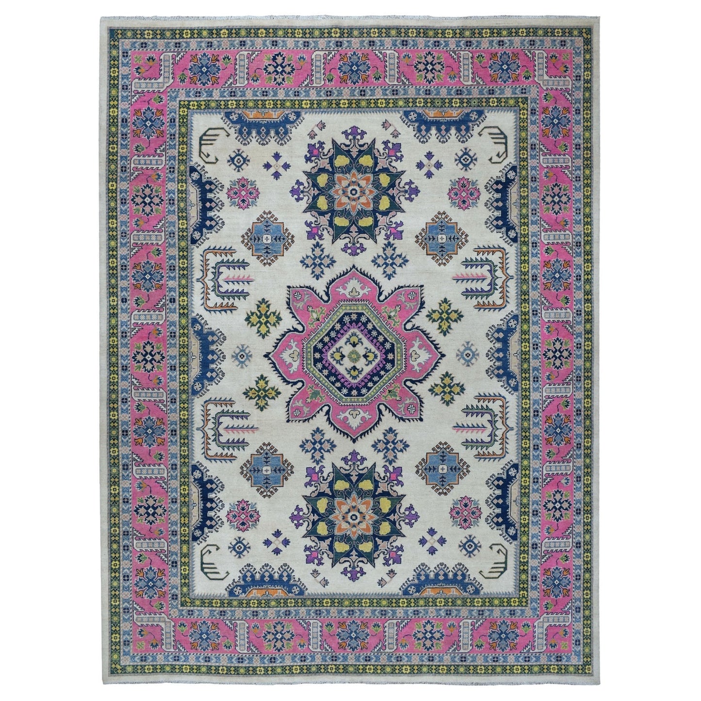 8'10"X11'6" Colorful Ivory Fusion Kazak Natural Wool Hand Knotted Rug
