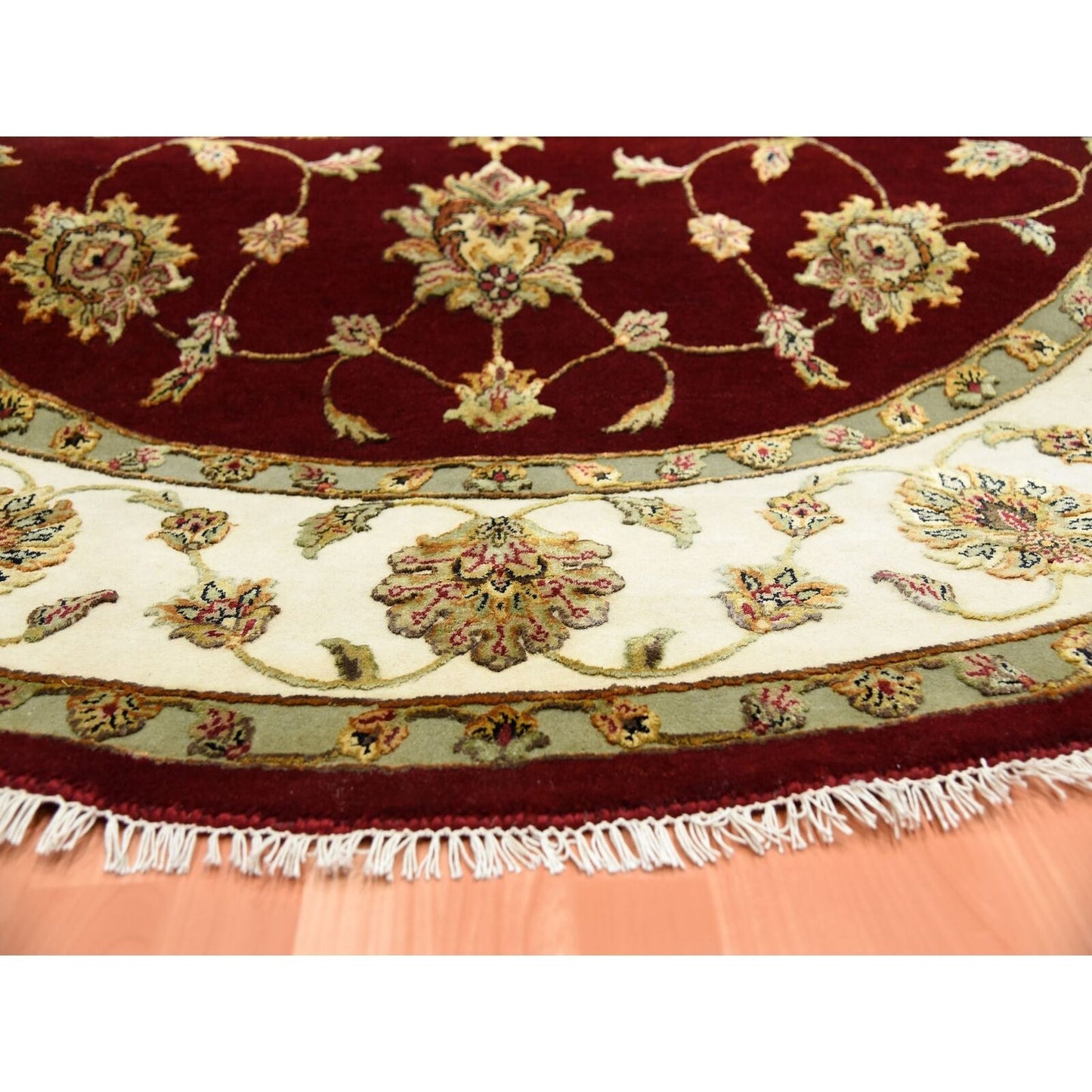 8'X8' Burgundy Red Wool And Silk Hand Knotted Rajasthan Design Round Rug