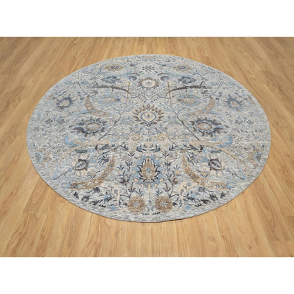 10'X10' Tahira White Hand Knotted Silk And Wool Sickle Leaf Round Rug