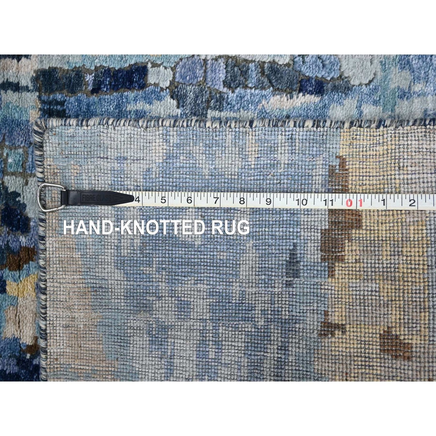 2'6"X12' Yale Blue Mosaic Design Hand Knotted Wool And Silk Runner Rug