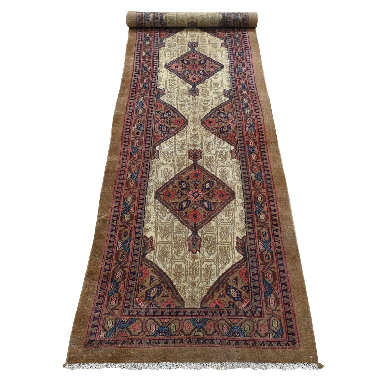 3'2"X14'10" Taupe Brown Antique Zoroastrian Wool Hand Knotted Runner Rug