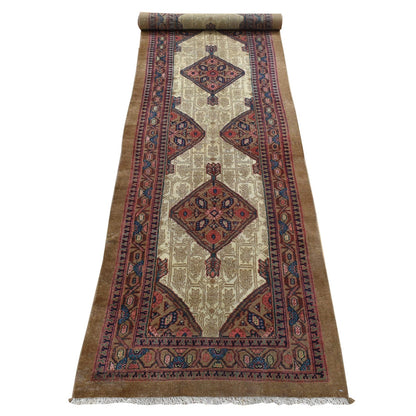 3'2"X14'10" Taupe Brown Antique Zoroastrian Wool Hand Knotted Runner Rug