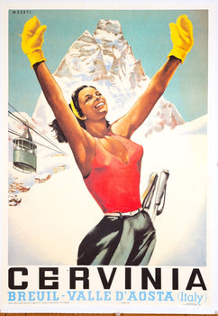 Vintage Italian Ski Poster  Cervinia By Arnaldo Musati,  1970S Printing