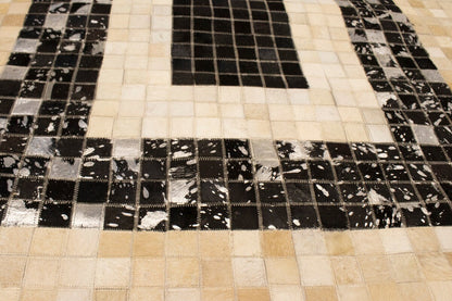 Hand-Stitched Black Beige Cowhide Leather Rug 4X6