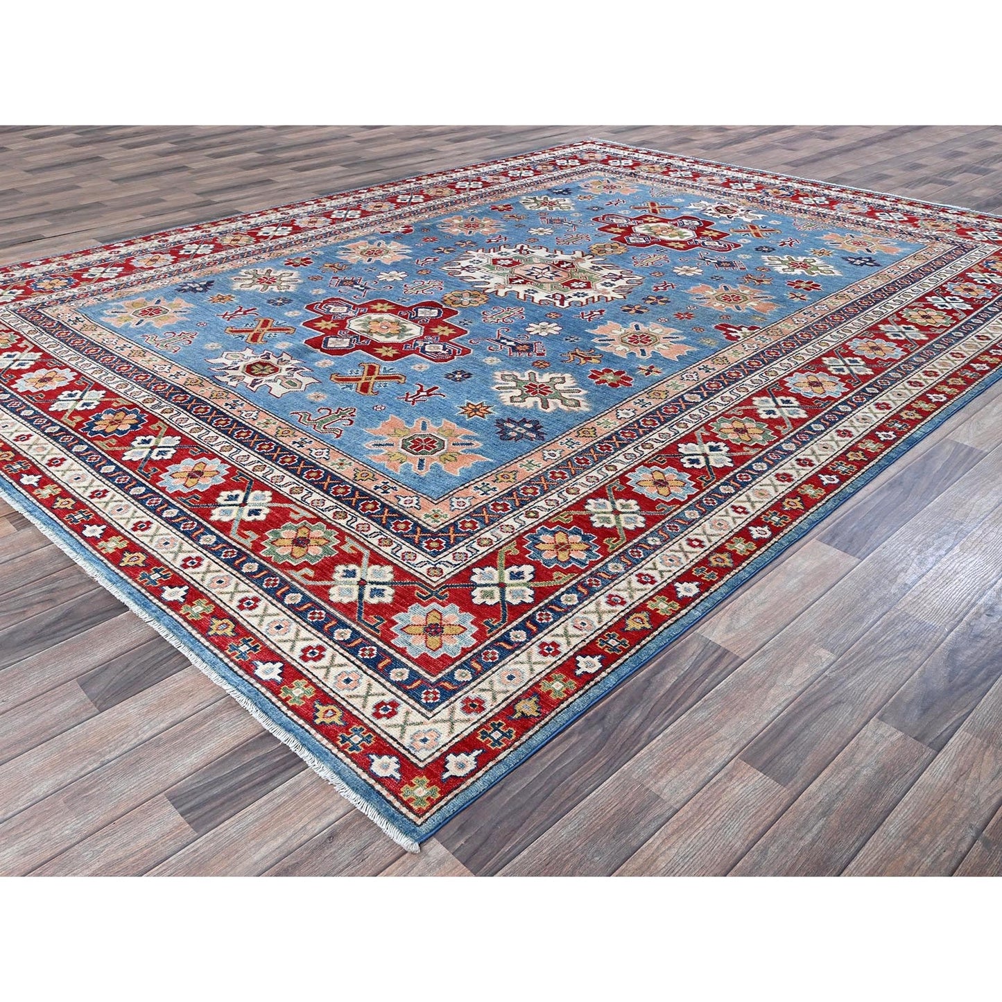 8'9"X12'1" Blue Kazak With Medallions Design Hand Knotted Soft Wool Rug