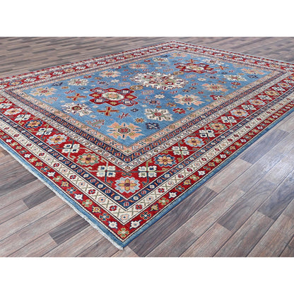 8'9"X12'1" Blue Kazak With Medallions Design Hand Knotted Soft Wool Rug
