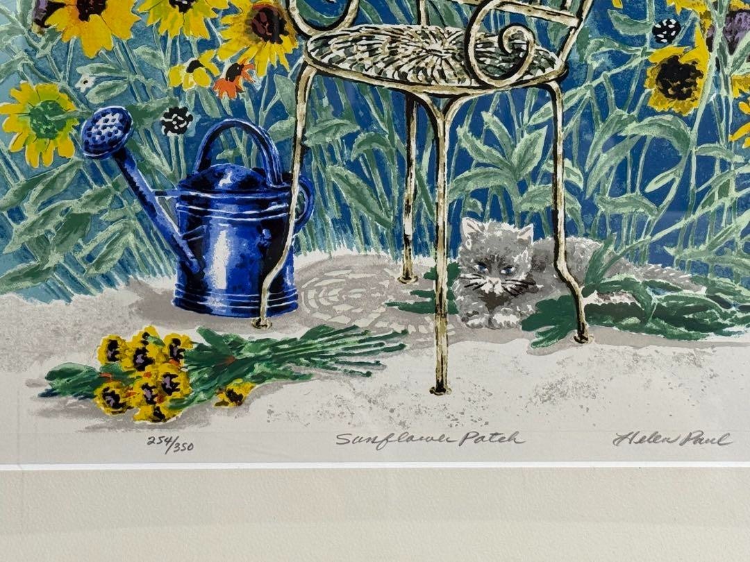 Helen Paul "Sunflower Patch" Signed Limited Edition Print Lithograph Cat Garden