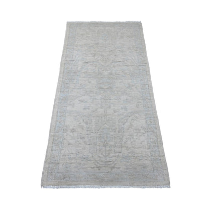 2'8"X5'6" Bone White Stone Washed Peshawar Hand Knotted Wool Runner Rug