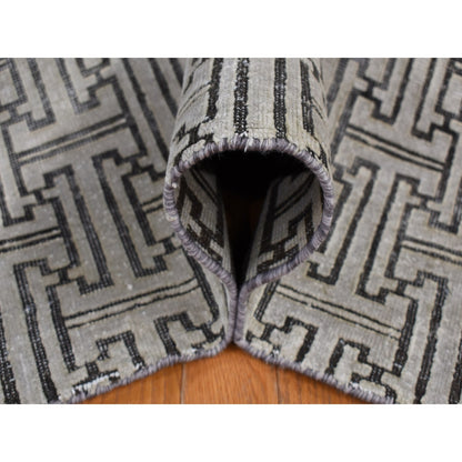 7'10"X10'3" Gray Pure Silk With Wool Roman Key Design Hand Knotted Rug