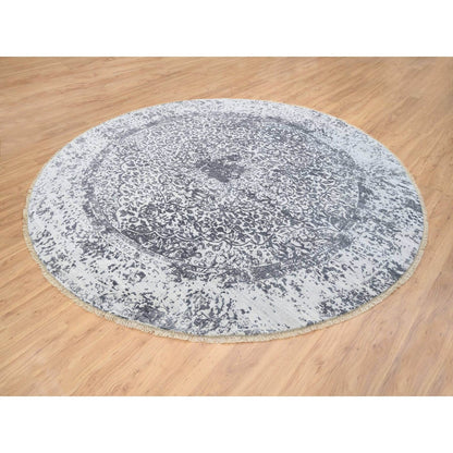 9'9"X9'9" Gray Erased Farsian Design Wool/Silk Hand Knotted Round Rug