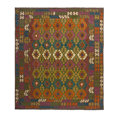 8'2"X9'6" Brown Colorful Afghan Kilim Pure Wool Flat Weave Hand Woven Rug
