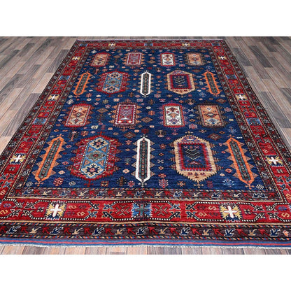6'1"X8'5" Blue Afghan Caucasian Design Revival Hand Knotted Soft Wool Rug