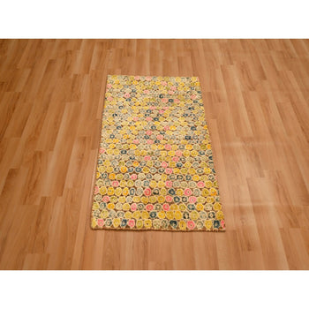 2'X3' Amber Gold The Buttons Sari Silk Hand Knotted Sample Mat Rug