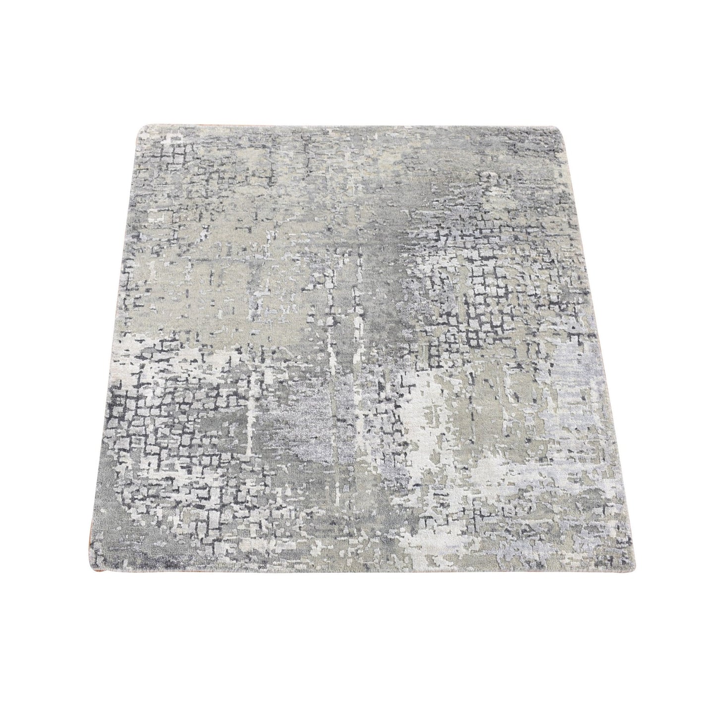 3'X3' Taupe Wool And Silk Abstract Hand Knotted Square Rug