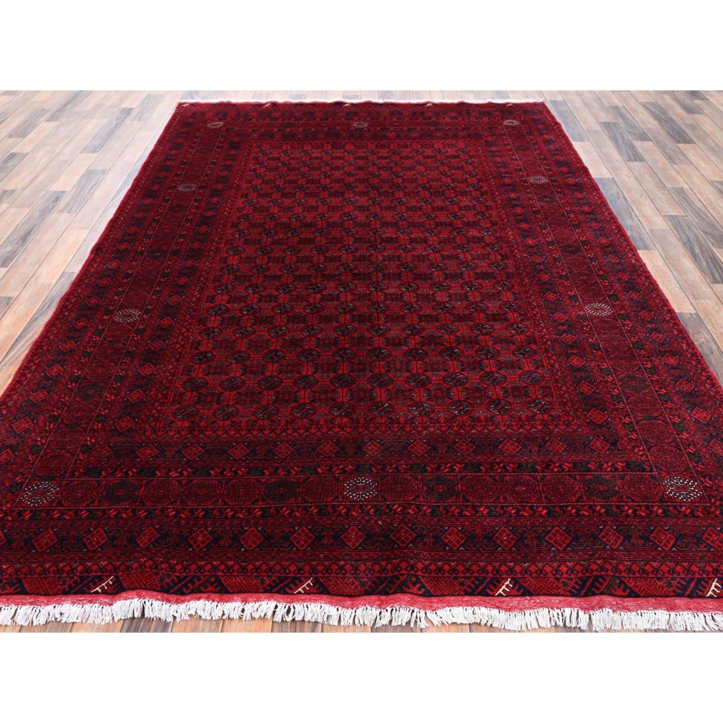 6'5"x9'5" Red Turkaman with Khoja Roshni Design Hand Knotted Soft Wool Rug