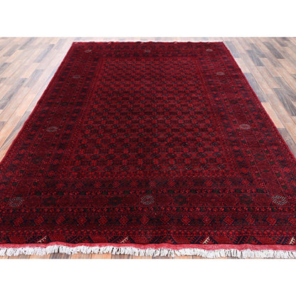 6'5"x9'5" Red Turkaman with Khoja Roshni Design Hand Knotted Soft Wool Rug