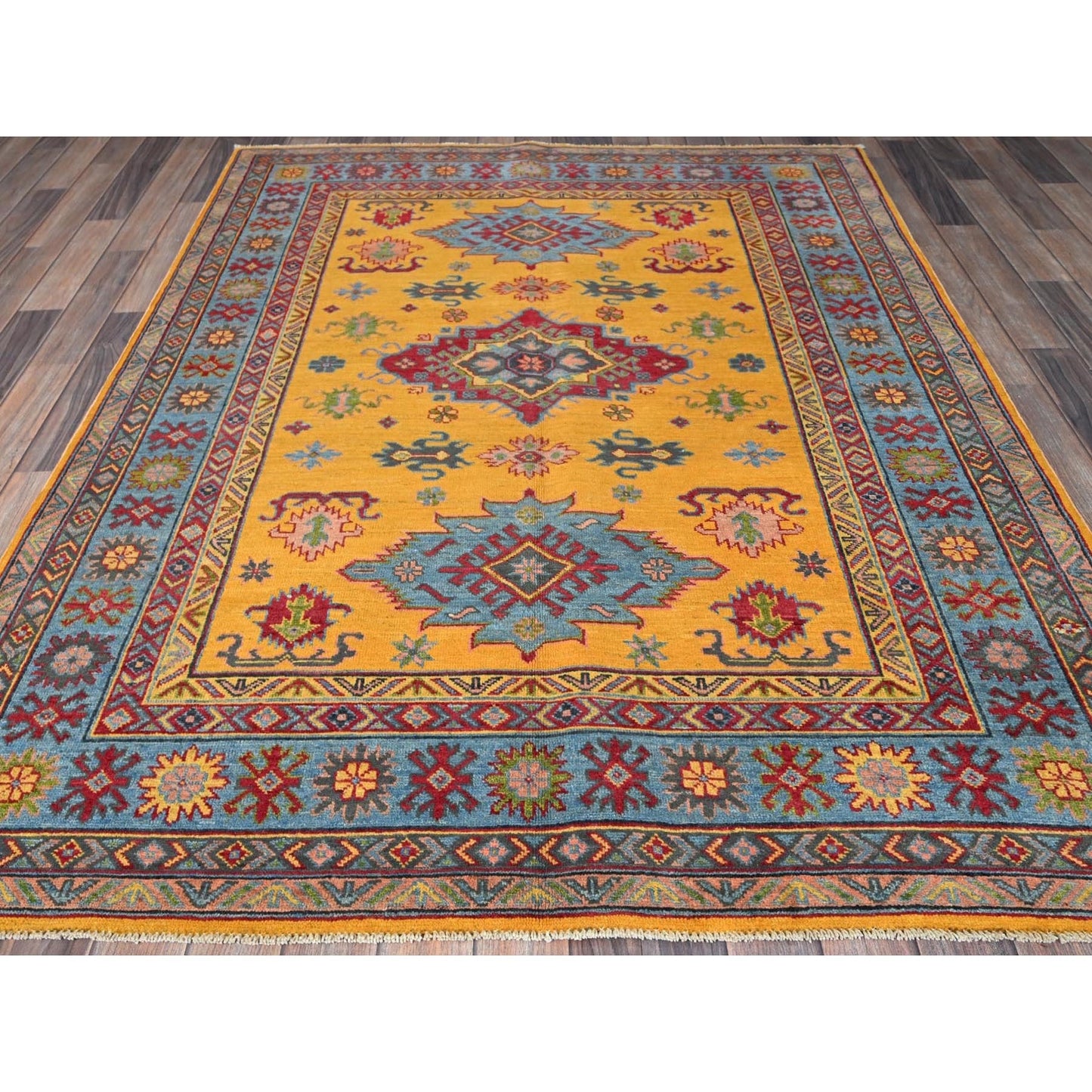 5'2"X6'7" Yellow Kazak With Geometric Design Hand Knotted Soft Wool Rug