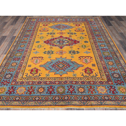 5'2"X6'7" Yellow Kazak With Geometric Design Hand Knotted Soft Wool Rug