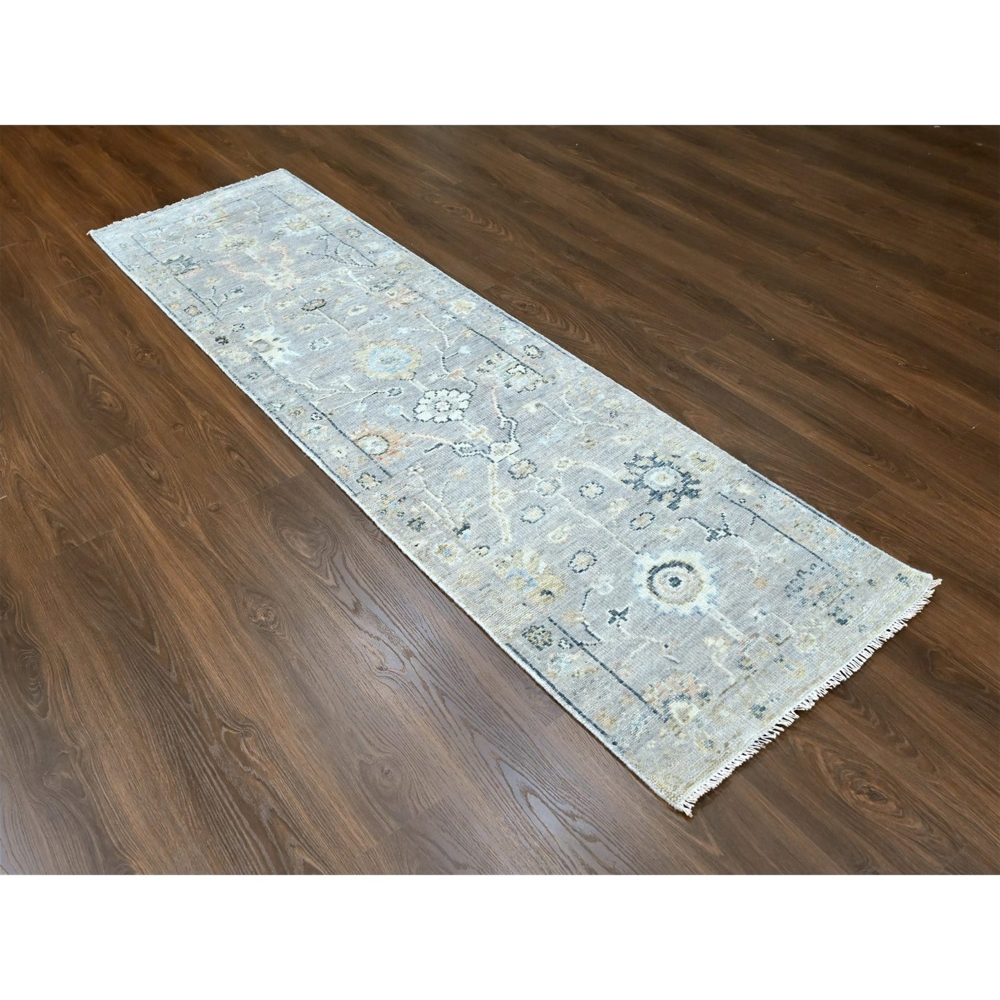 2'5"X8'5" Spanish Gray Oushak Design Soft Wool Hand Knotted Runner Rug