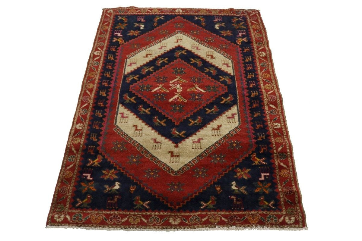 Semi-Antique Handmade Tribal Animal Design Oriental Rug Home Decor Carpet 3X5 ft