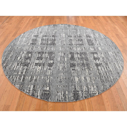 8'1"X8'1" Gray Undyed Natural Wool Modern Design Hand Knotted Round Rug