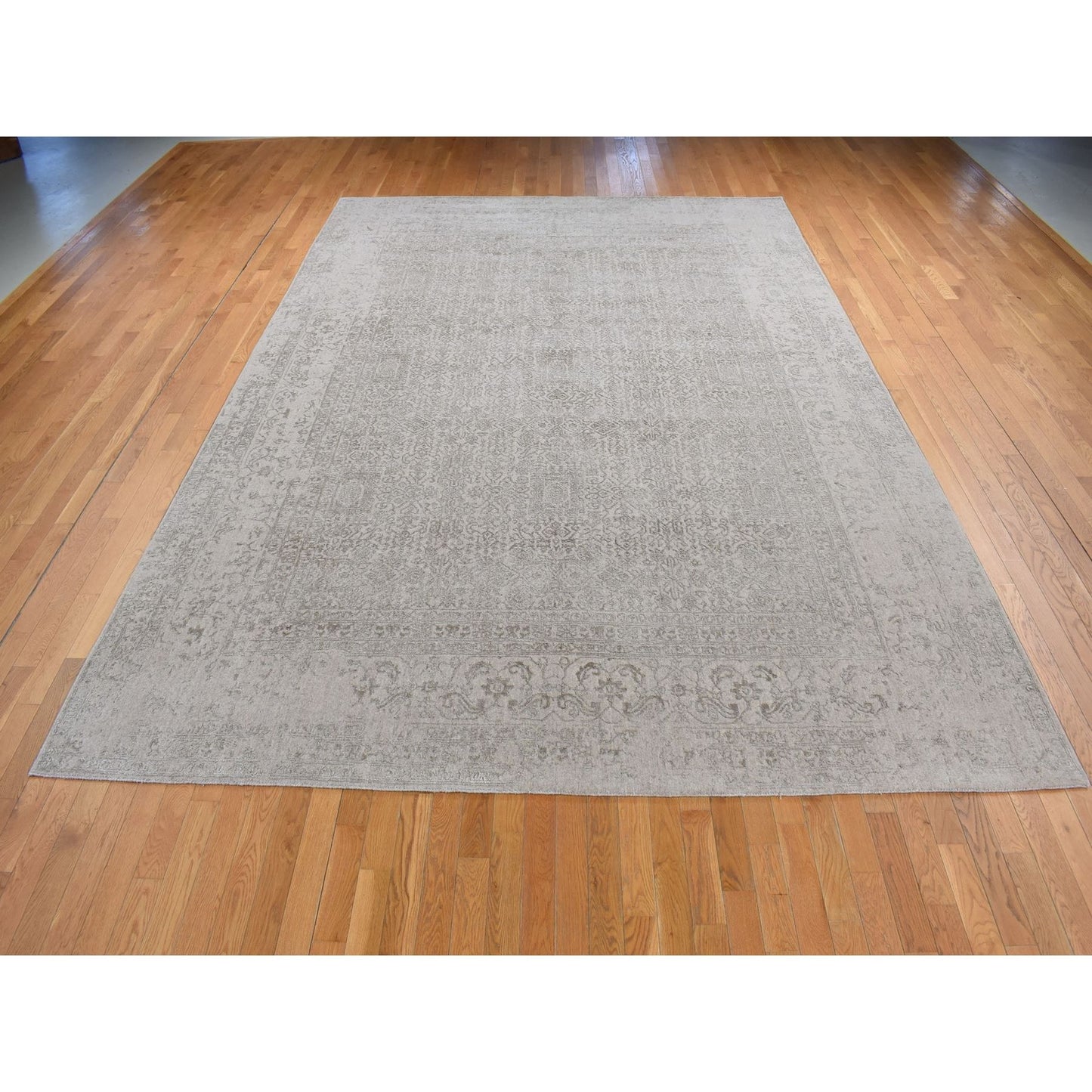 9'10"X14'1" Taupe Fine Jacquard Loomed Wool Silk Zoroastrian Design Rug