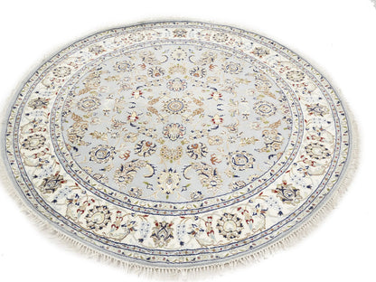 Handmade Round Indo-Nain Wool Rug 6X6 Ft Floral