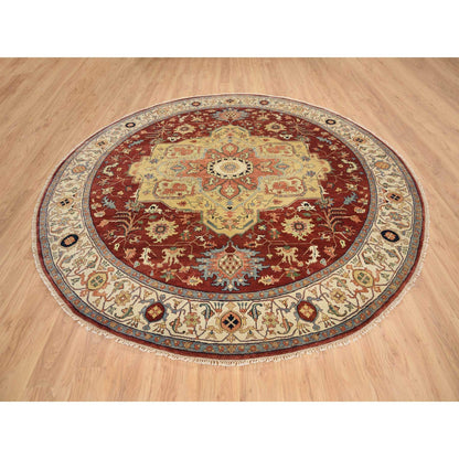 10'X10' Red Hand Spun Wool Hand Knotted Antiqued Fine Heris Round Rug