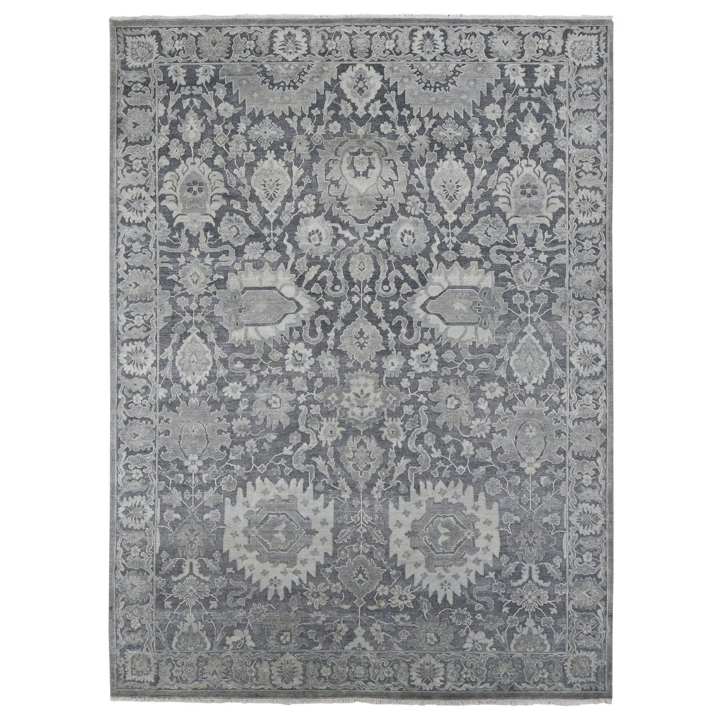 9'X12'4" Gray Silk With Textured Wool Hand Knotted Oushak Influence Rug