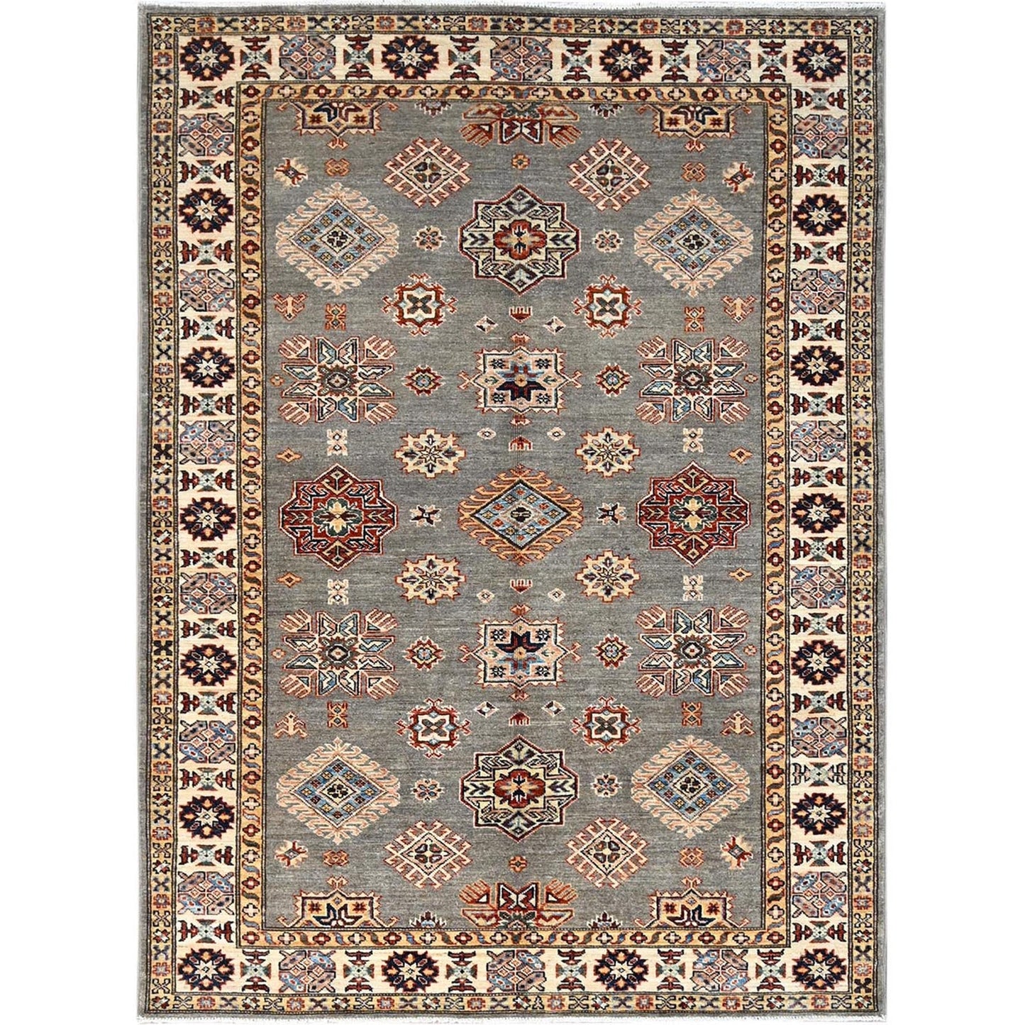 4'10"X6'6" Gray Hand Knotted Super Kazak All Over Medallions Wool Rug