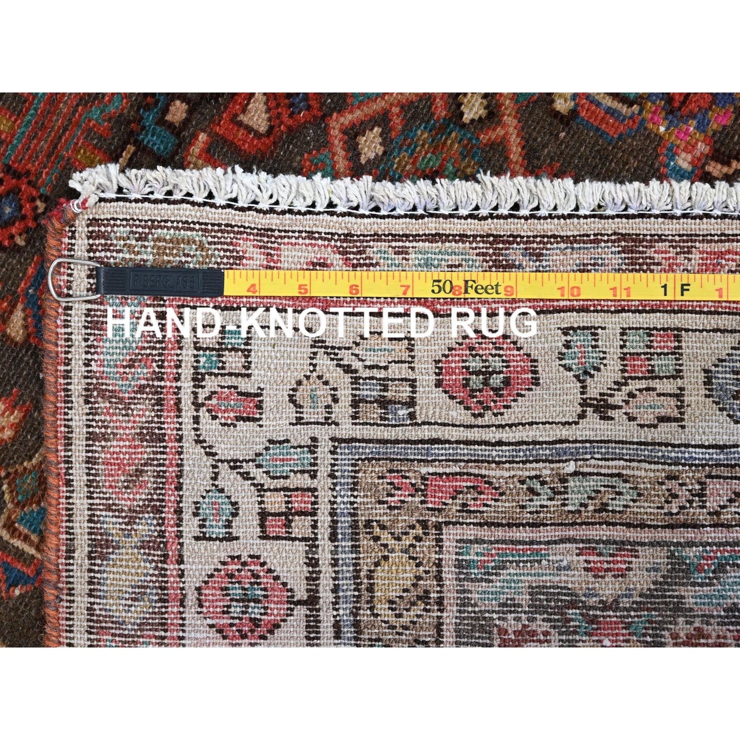 3'5"X10'4" Brown Semi Antique Hand Knotted Hamadan Wide Long Runner Rug