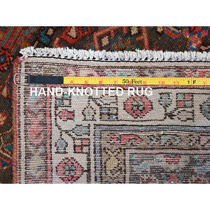 3'5"X10'4" Brown Semi Antique Hand Knotted Hamadan Wide Long Runner Rug