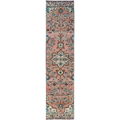 2'X9' Salmon Pink Vintage Zoroastrian Heris Hand Knotted Wool Runner Rug