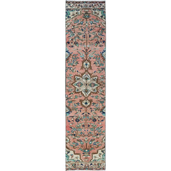 2'X9' Salmon Pink Vintage Zoroastrian Heris Hand Knotted Wool Runner Rug