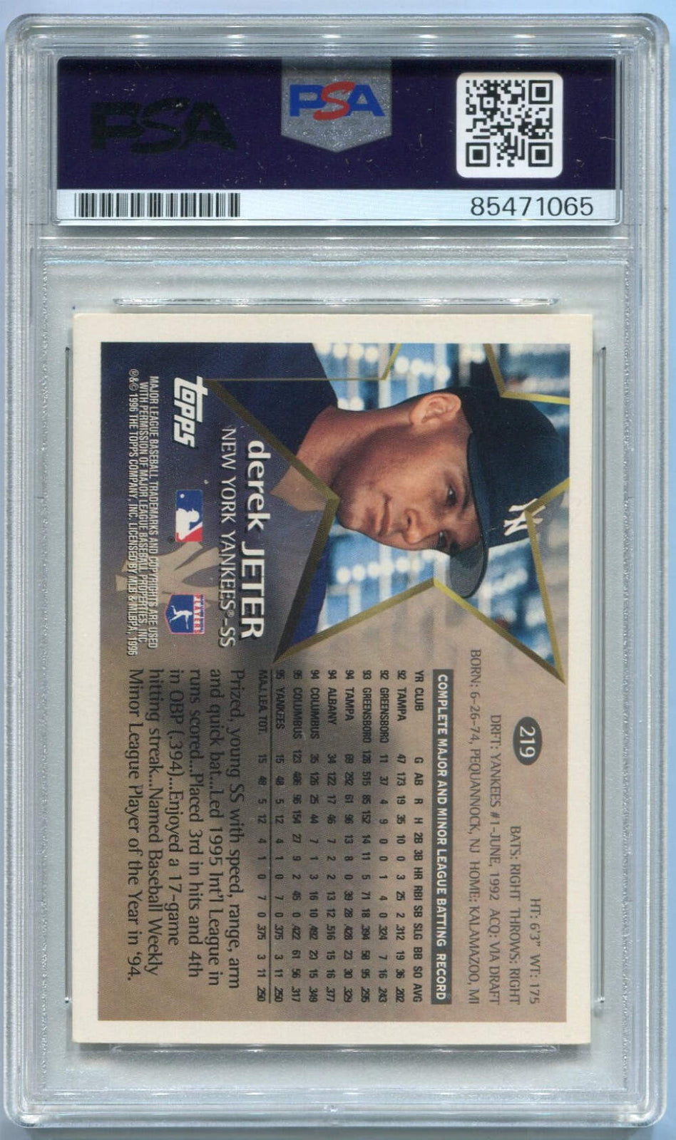 Derek Jeter 1996 Topps Psa Auto Auth Card