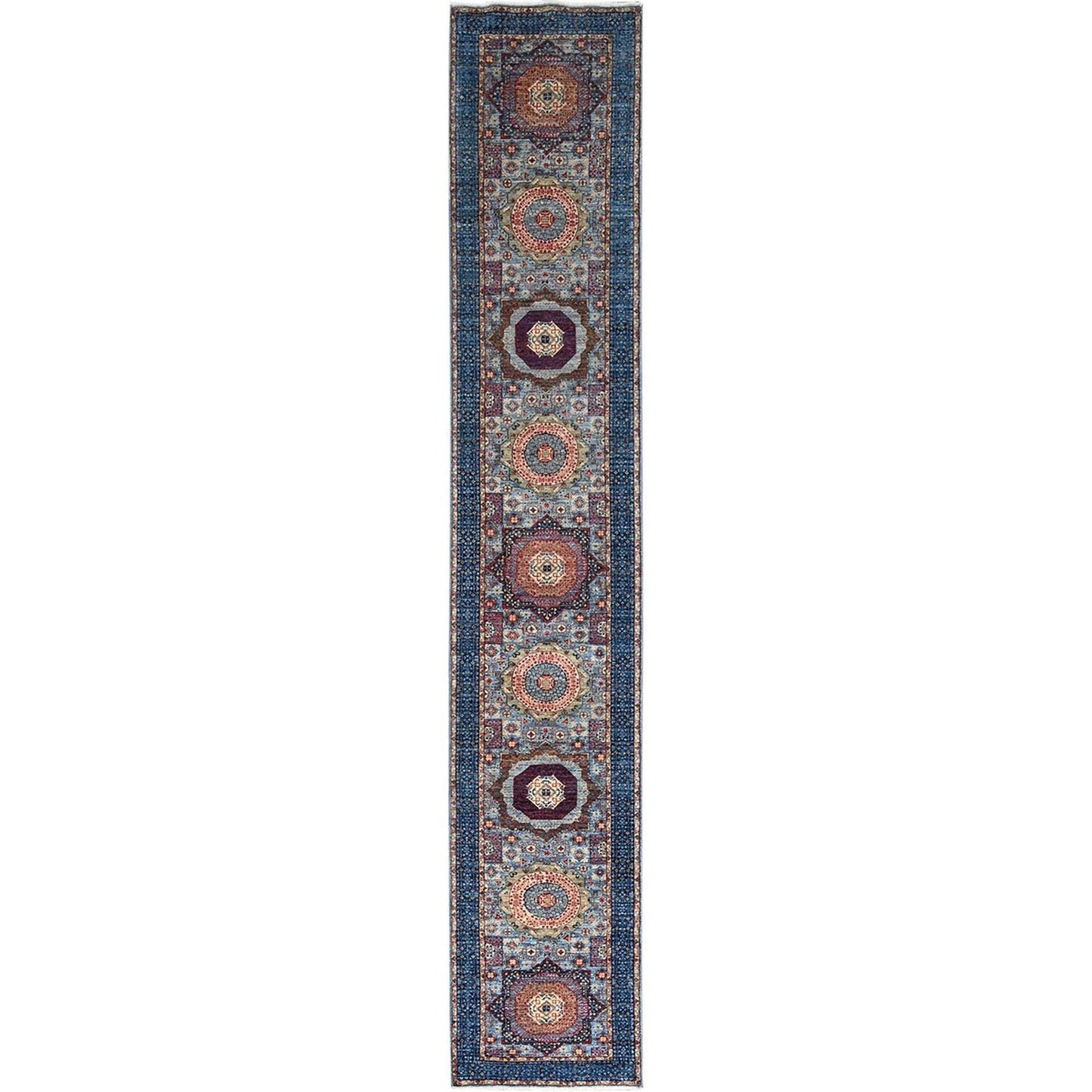 2'8"X15'4" Blue Hand Knotted Mamluk Dynasty Wool Xl Runner Oriental Rug