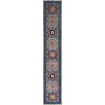 2'8"X15'4" Blue Hand Knotted Mamluk Dynasty Wool Xl Runner Oriental Rug