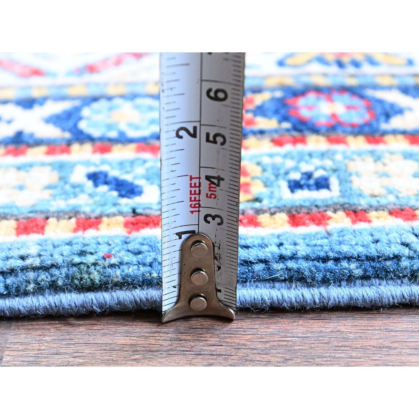 3'2"X16'1" Blue Kazak With Medallions Design Hand Knotted Wool Runner Rug