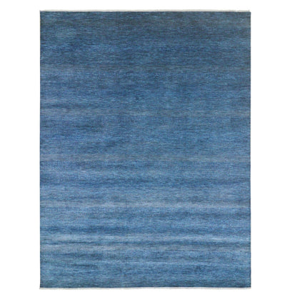 9'X12' Imperial Blue Modern Grass Design Hand Knotted Wool And Silk Rug
