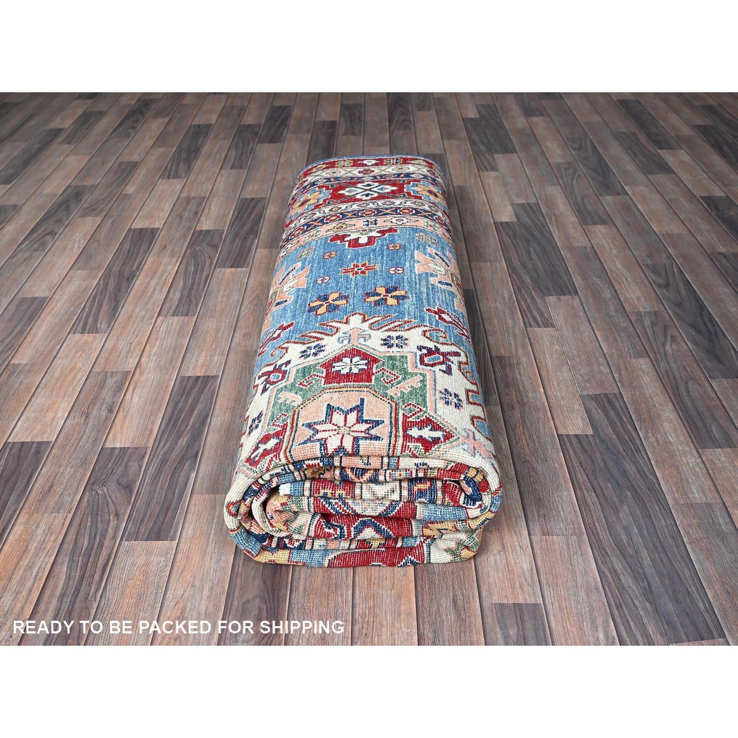 8'9"X12'1" Blue Kazak With Medallions Design Hand Knotted Soft Wool Rug