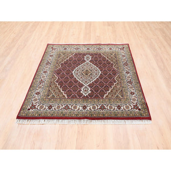 5'X5' Red Hand Knotted Tebraz Mahi Fish Design Wool-Silk Square Rug